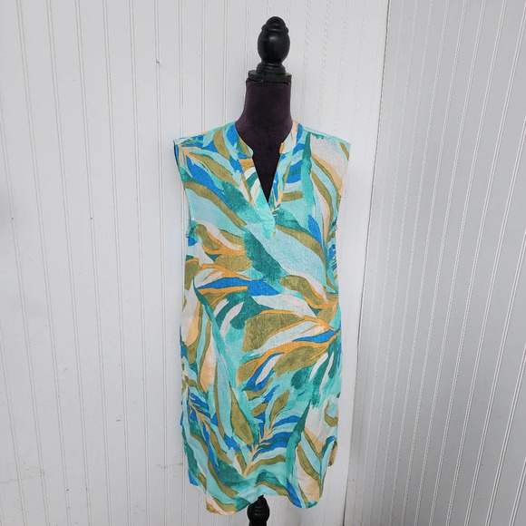 Rachel Zoe Blue Green 100% Linen Women Sleeveless Shift Dress Pullover Pockets M - Picture 1 of 14